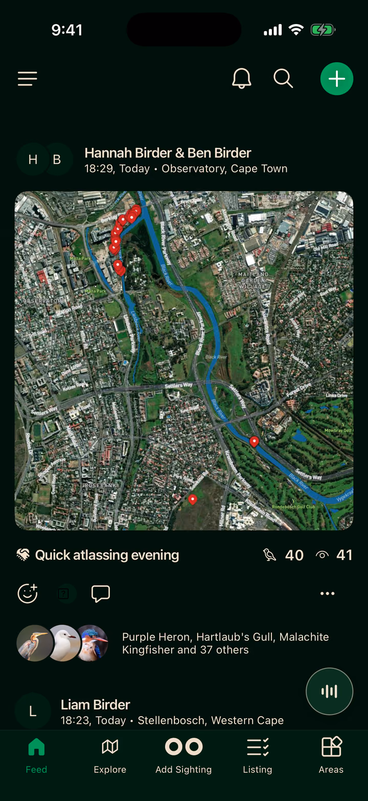 The feed, opening on two birders' evening of atlassing in Observatory, Cape Town, with their route on the map.